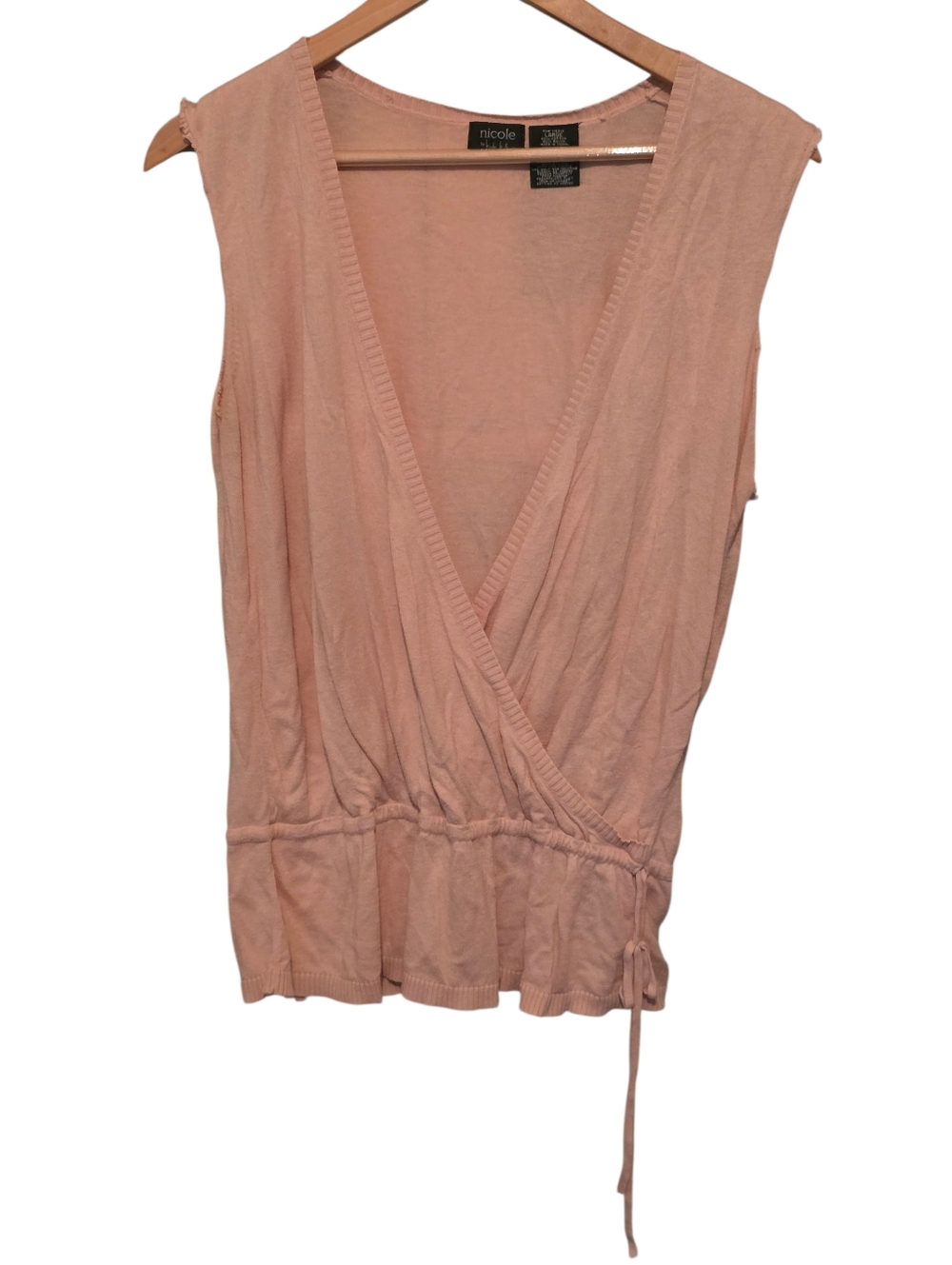 Nicole By Nicole Miller Pink Sleeveless Raw Hem Wrap Sweater Tie Drop Waist Sz L